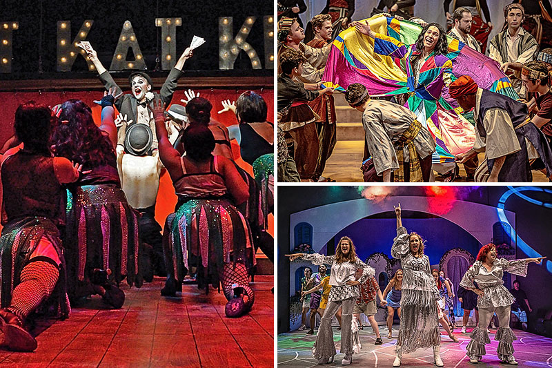 Clockwise from left: BrightSide Theatre’s ‘Cabaret,’ ‘Joseph and the Amazing Technicolor Dreamcoat,’ and ‘Mamma Mia!’—all directed by Cass.