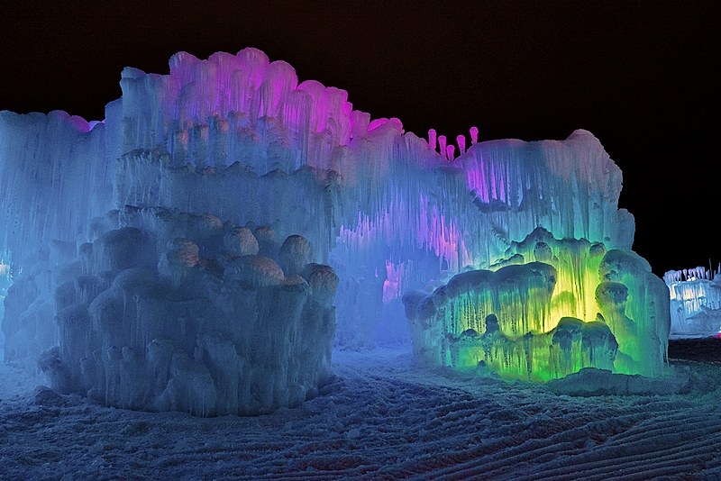 A multicolored ice structure at Ice Castles