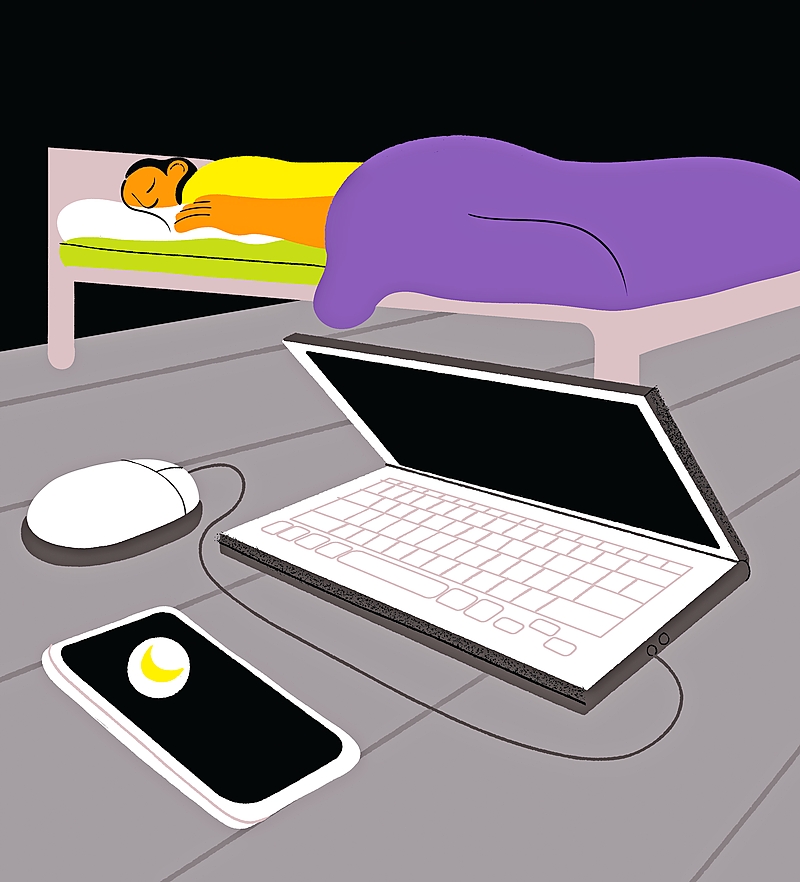 An illustration of a person sleeping with their electronics in the foreground