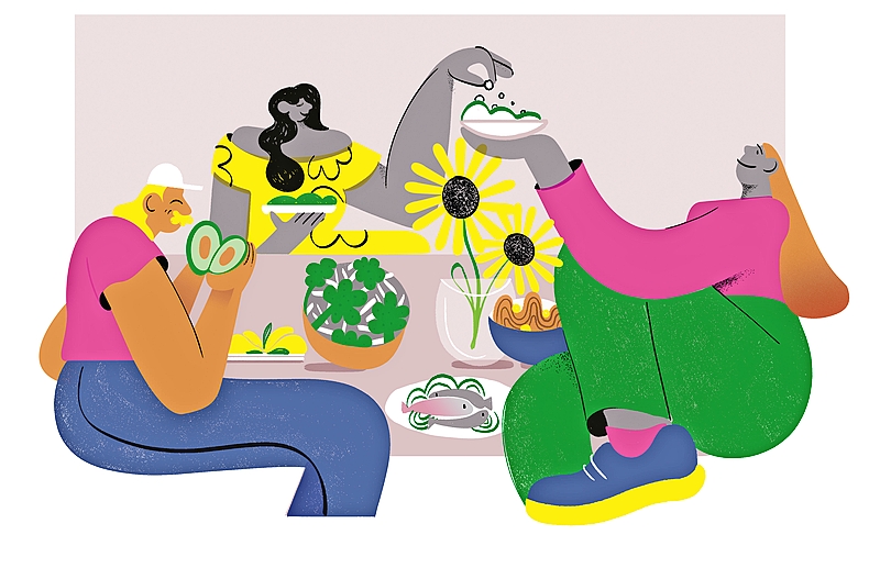 An illustration of people enjoying plants