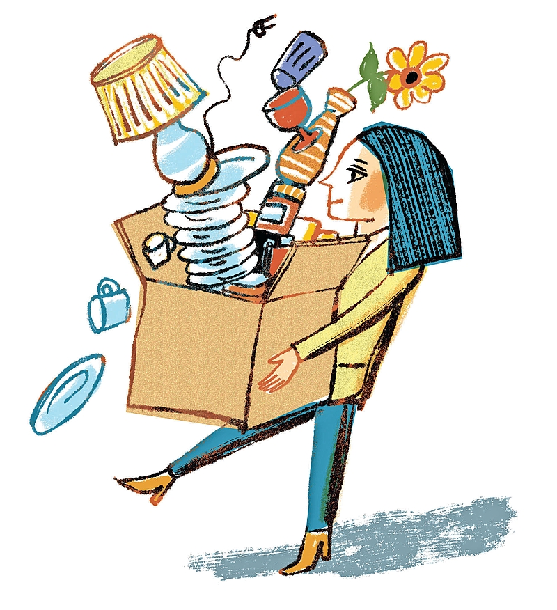 An illustration of a woman carrying a box of junk