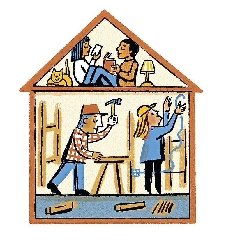 An illustration of people remodeling a house