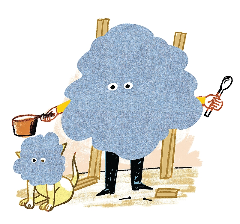 An illustration of a person and their pet covered in dust