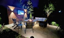 An outdoor entertainment space at night