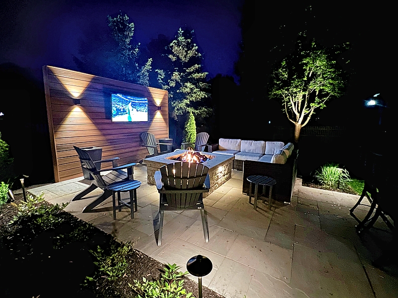 An outdoor entertainment space at night