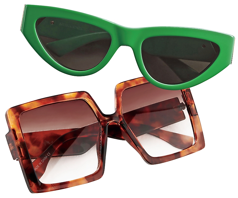 HERE COMES THE SUN
Bottega Veneta’s grass-green cat-eye shades and Line of Sight Square oversized faux-tortoise sunnies