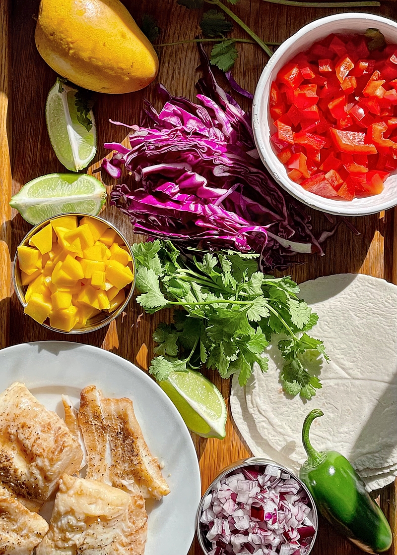 Ingredients for grilled fish tacos and mango salsa