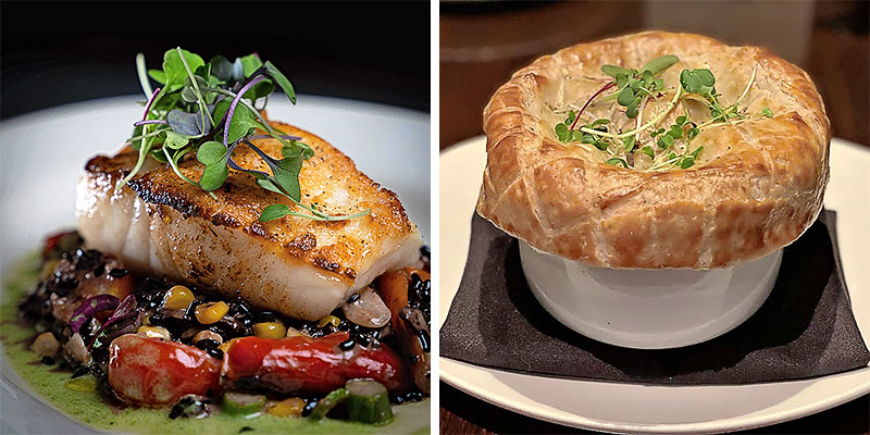 From left: Alaskan halibut over black-rice risotto and chicken pot pie