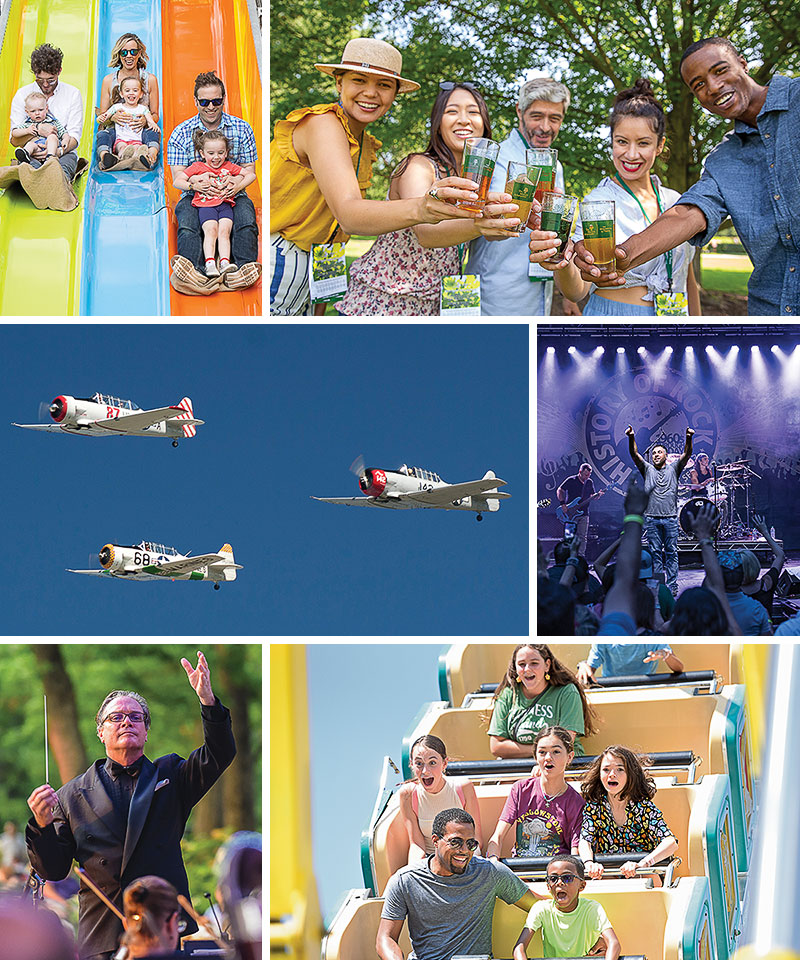Clockwise from top left: Rotary GroveFest, Morton Arboretum’s Summer on Tap, Naper Nights, Last Fling, Cantigny’s Summer Concert Series, and Cavalcade of Planes
