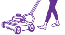 An illustration of a woman mowing the lawn