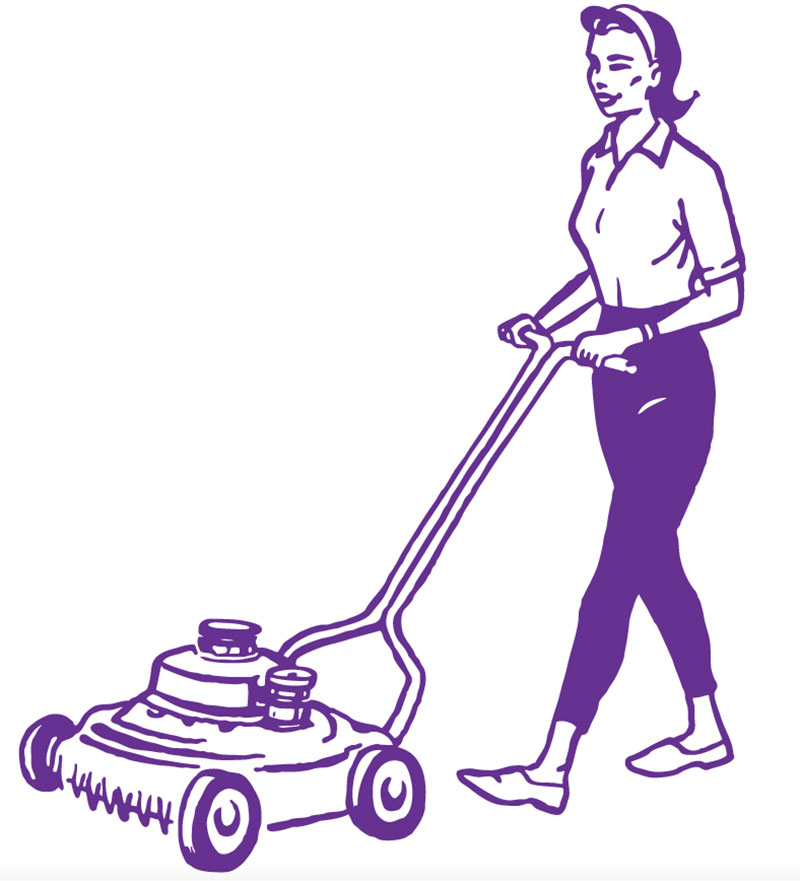 An illustration of a woman mowing the lawn