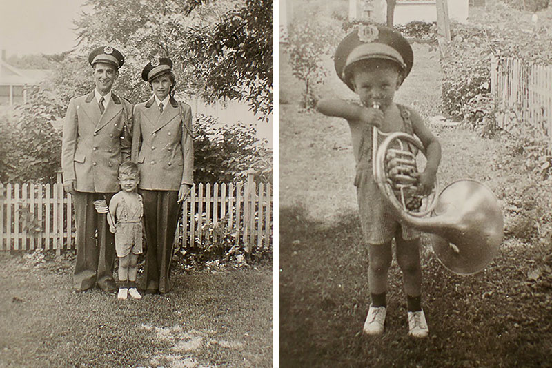 Left: Keller with his parents, who were both NMB members. Right: The budding tubist in 1942.