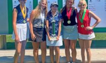 From left: The B Flight (girls division) winners were Lauren Reinertson, Evan Ashley, Caresse-Natalie Tibe, Natalie Bellis, and Meghan Mallot. A total of 118 junior golfers ages 9 to 17 competed.
