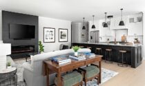 White, gray, and black home decor with wood accents