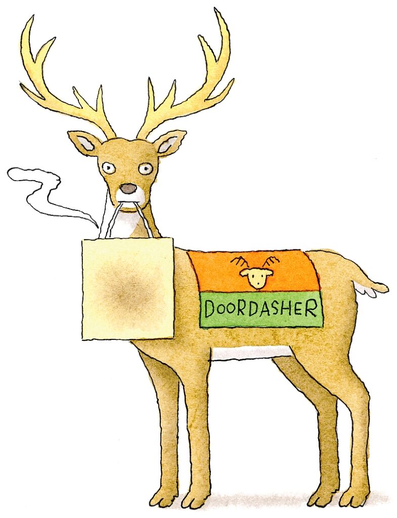 Illustration of a "DoorDasher" reindeer