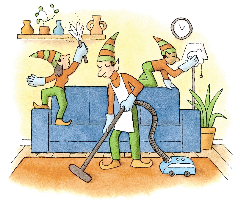 Illustration of elves cleaning the house
