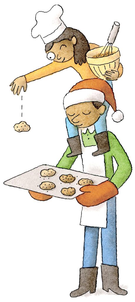 Illustration of a kid helping their parent with holiday cookies