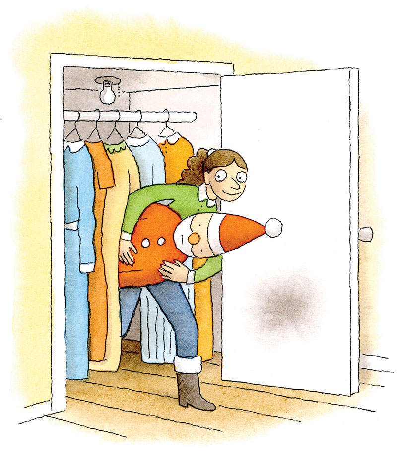 Illustration of a woman exiting a closet with a Santa prop