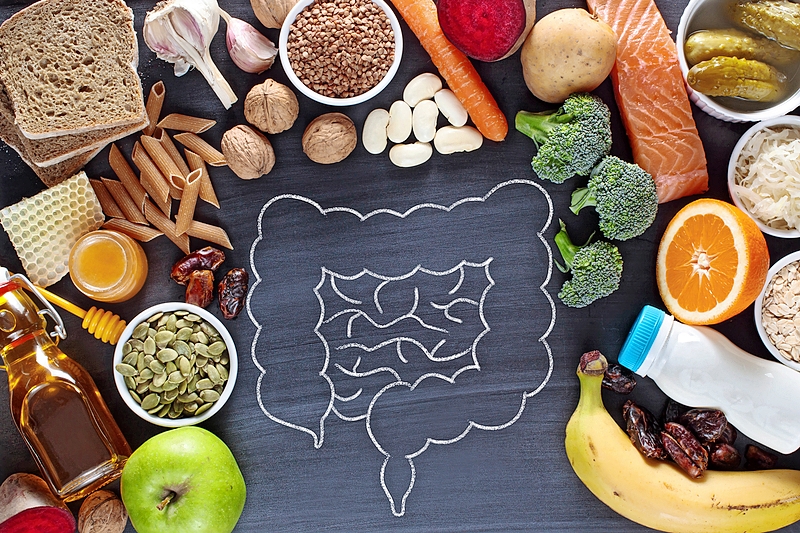 A bowel illustration surrounded by healthy foods