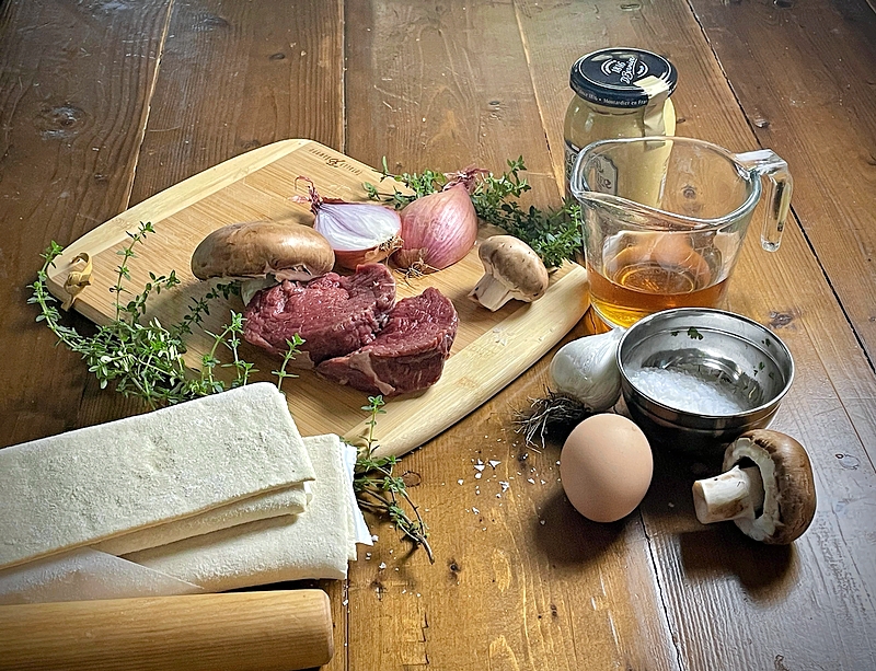 Beef and duxelles ingredients