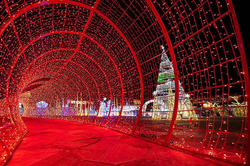 A tunnel of red lights at the Sparkle Light Festival