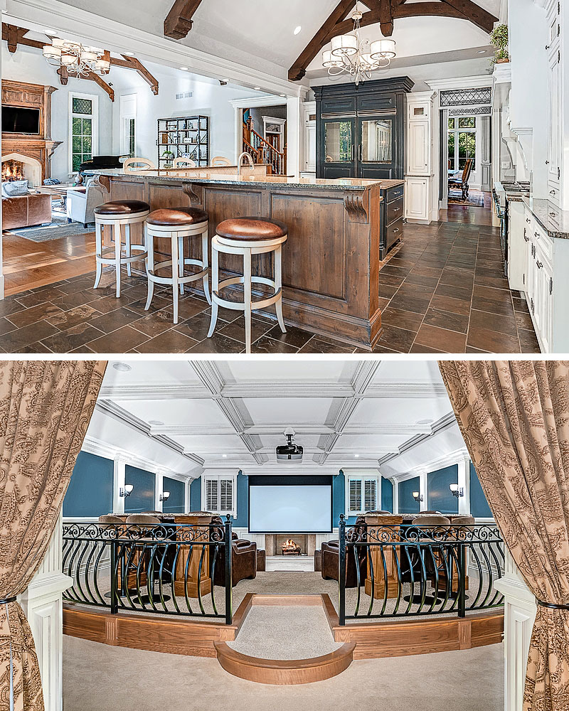 The kitchen and media room in the St. Charles manor