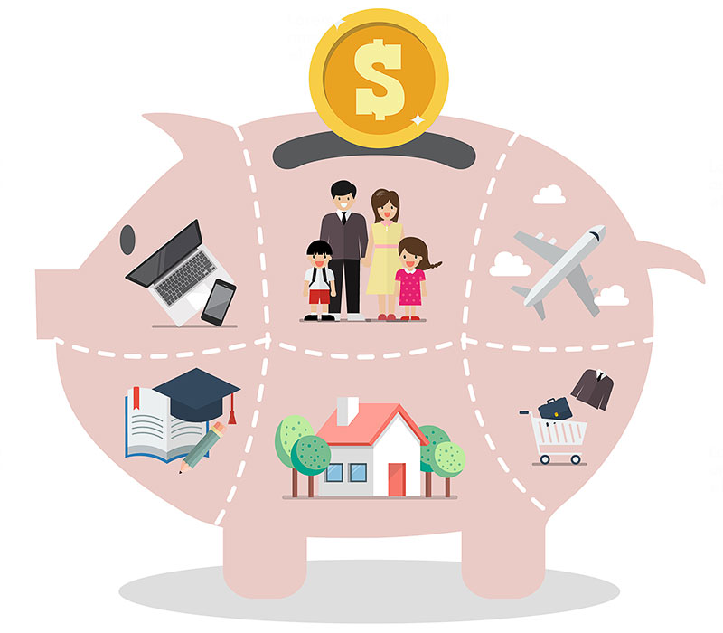 Divided piggy bank illustration