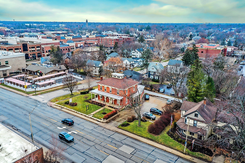 An aerial photo of a historic Naperville site