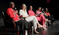 Anita Jones Thomas, Becca Bruner, Diana Torres Hawken, Nicole Lawton, Joohi Tahir, and Anita Knotts (left to right) participated in the Women’s History Month panel discussion, “Coming Together to Lead Well: A Community Conversation,” on March 23 at North Central College’s Madden Theatre.