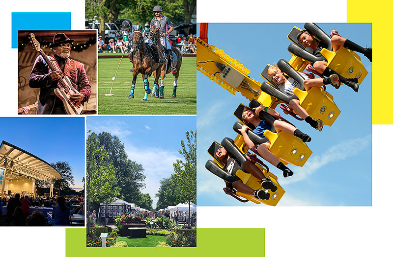 Clockwise from top left: Toronzo Cannon at Blues on the Fox, Wine Down Wednesday Polo, Napervile Jaycees’ Last Fling, Geneva Arts Fair, and Wheaton’s Summer Concert Series