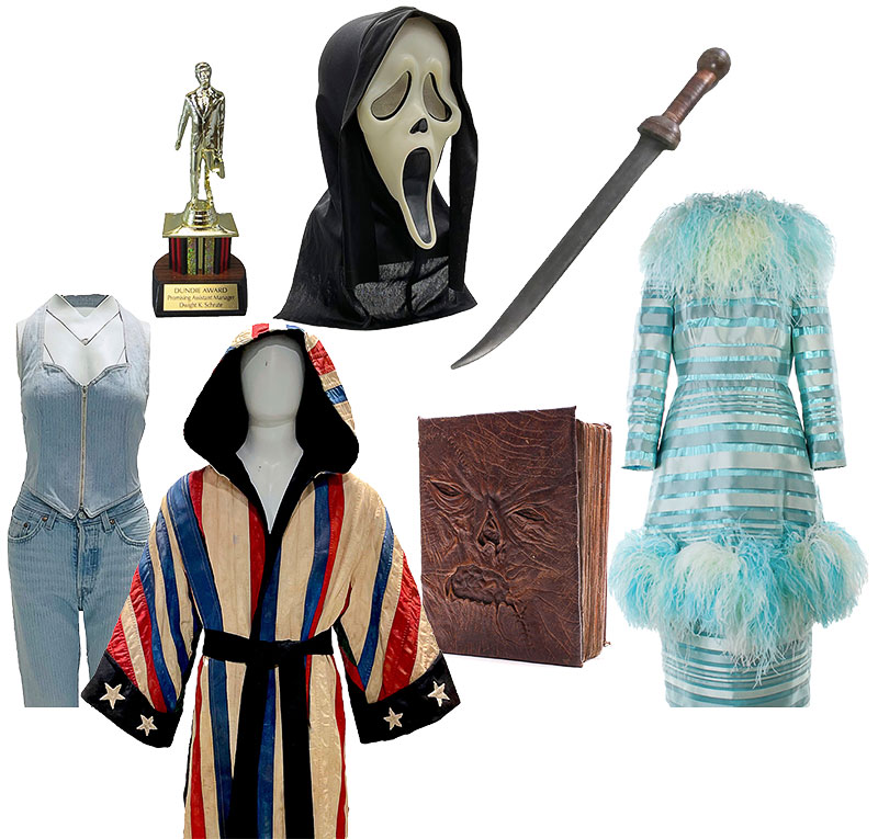 A Ghostface mask from ‘Scream 4,’ a ‘Spartacus’ sica sword, a dress worn by Jennifer Hudson as Aretha Franklin in ‘Respect,’ the Necronomicon Exmortis book from ‘Ash vs. Evil Dead,’ a robe worn by Michael B. Jordan in ‘Creed III,’ a denim outfit worn by Mia Goth in ‘MaXXXine,’ and a Dundie Award from ‘The Office.’