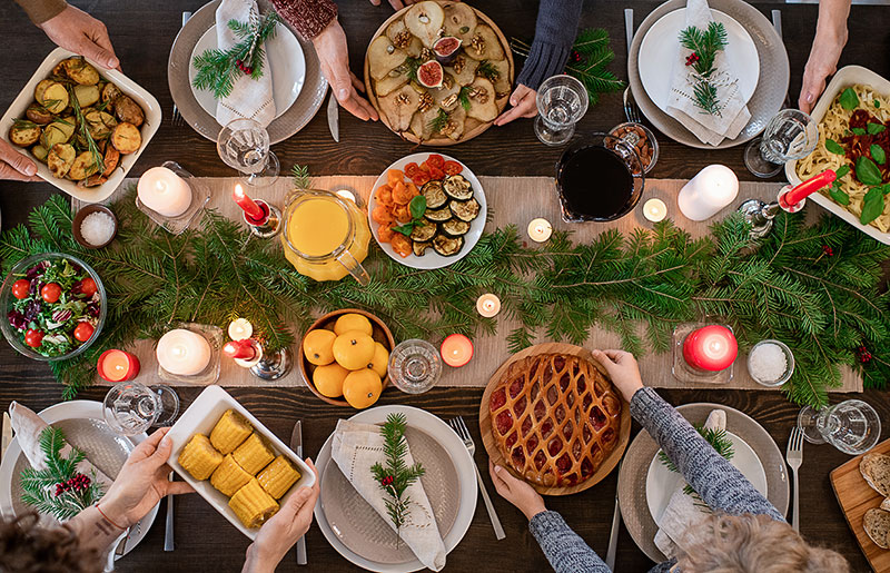 A decorated holiday dining room table