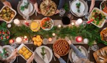 A decorated holiday dining room table