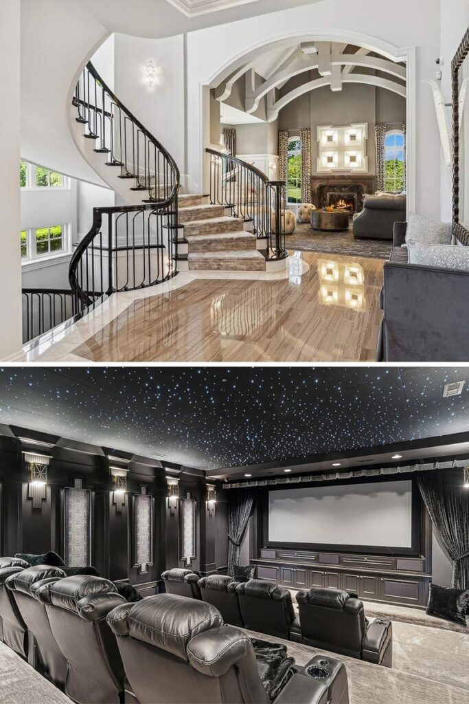 The staircaase and home theater inside An aerial photo of 28W660 Perkins Court in Naperville