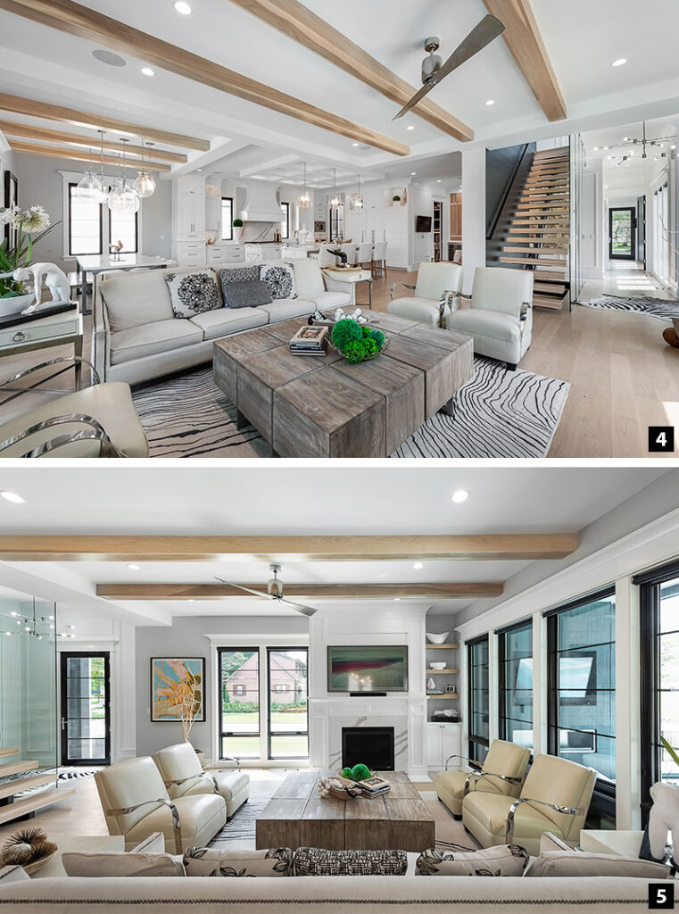 Two angles of the living room in the Downers Grove home