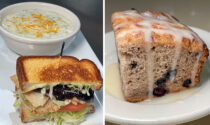 Soup and sandwich and blueberry coffee cake
