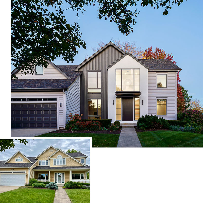 Before and after photos showing the exterior of the Naperville home
