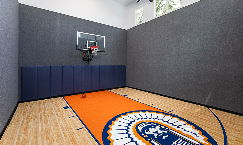 The main-level basketball court inside the Naperville home