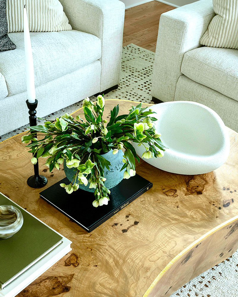 A sculptural white bowl in the family room of the Clarendon Hills home