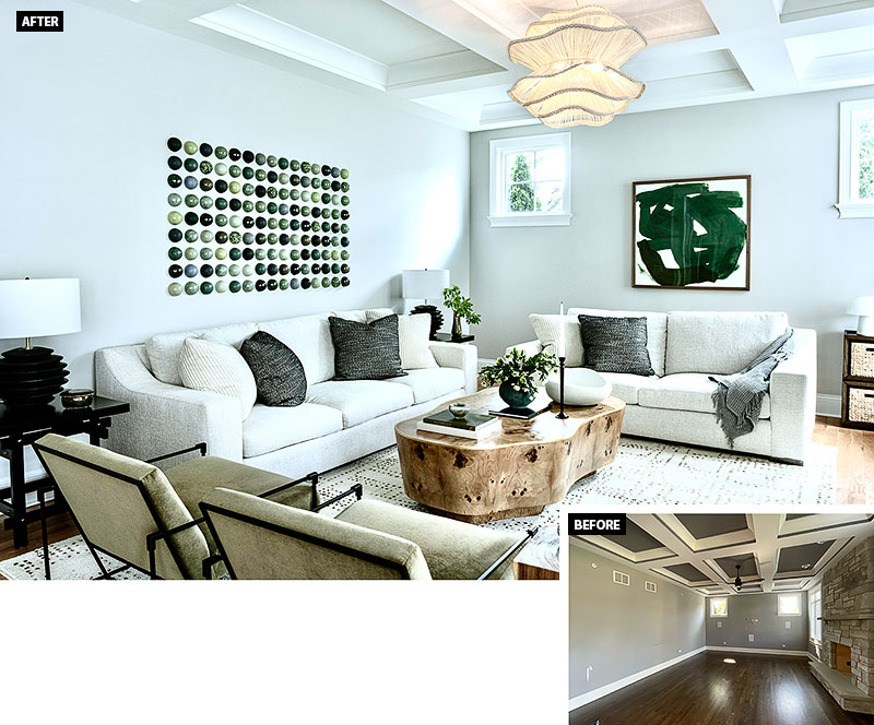 The before and after photos of the family room in the Clarendon Hills home