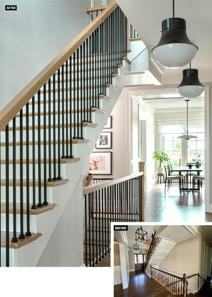Before and after photos of the stairway in the Clarendon Hills home
