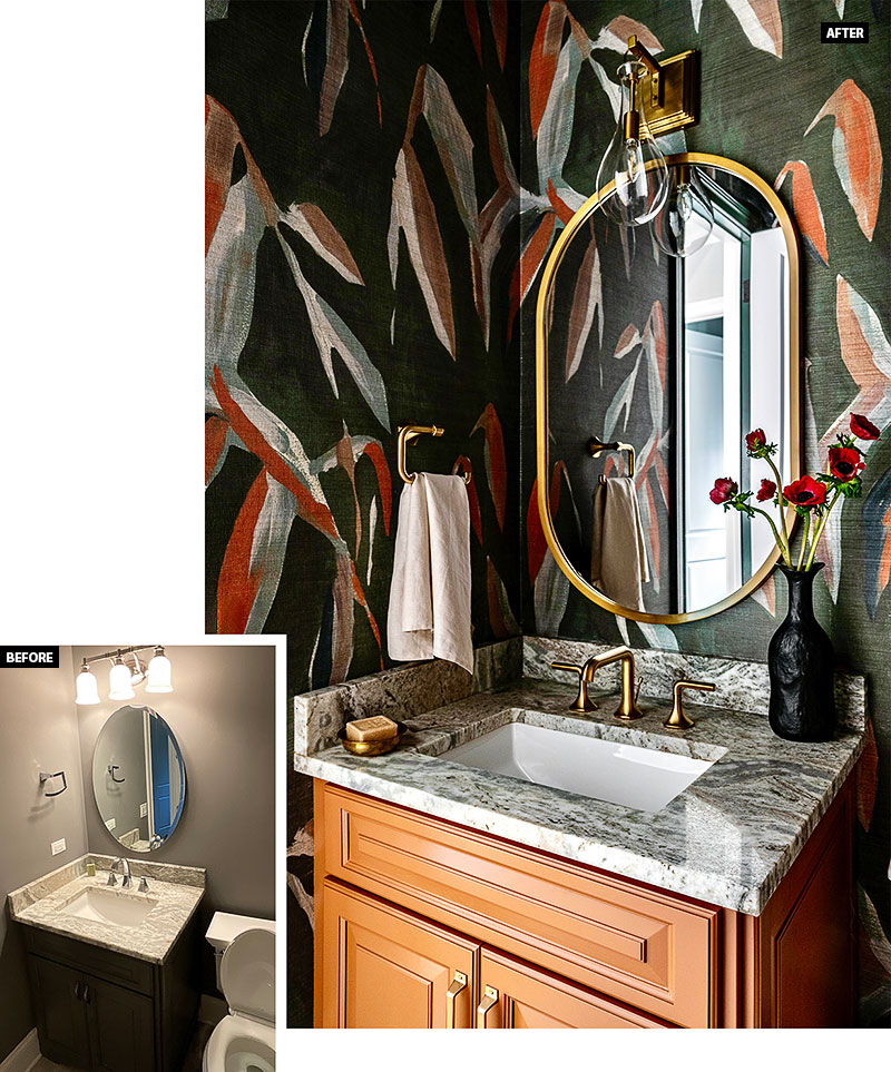 Before and after photos of the powder room in the Clarendon Hills home