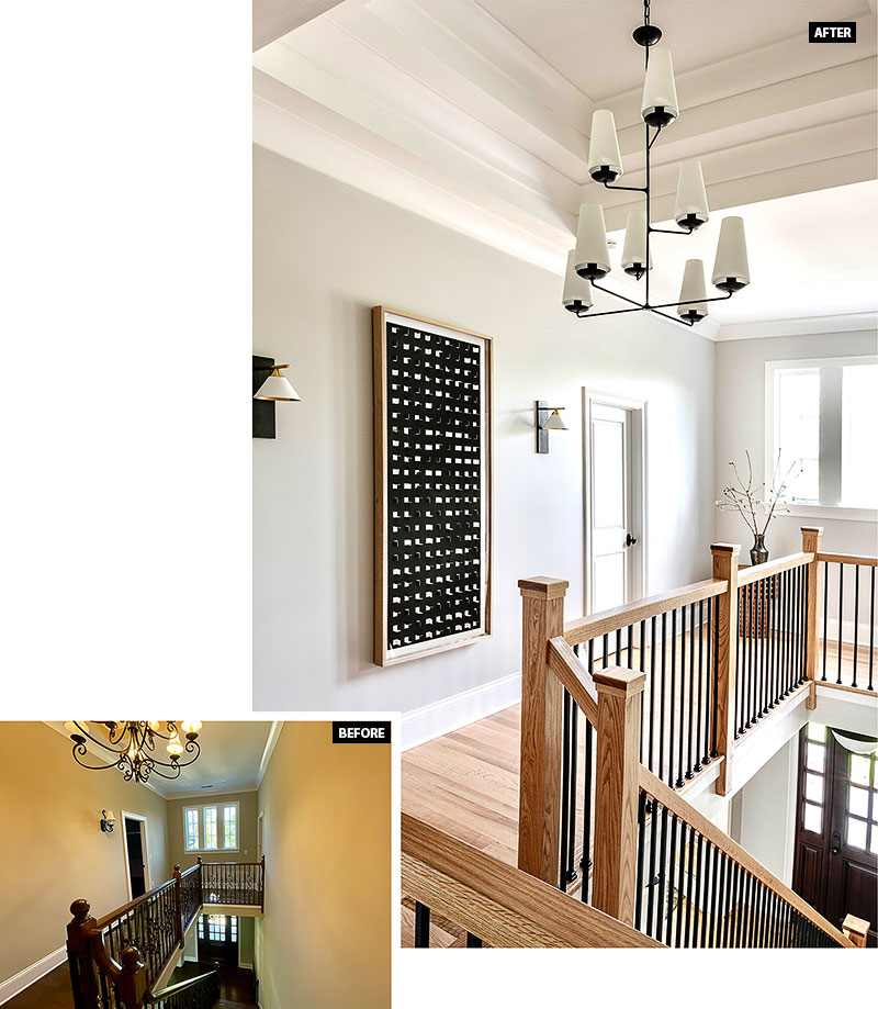 Before and after photos of the upstairs foyer in the Clarendon Hills home