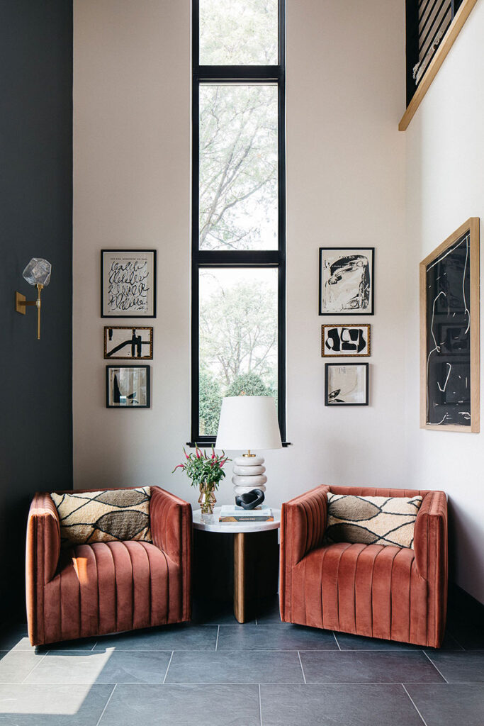 Velvet chairs in the Geneva home's entryway