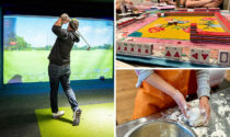 A man playing indoor golf at Lucky Swingz, a mahjong board and tiles, and a person in an apron handling dough