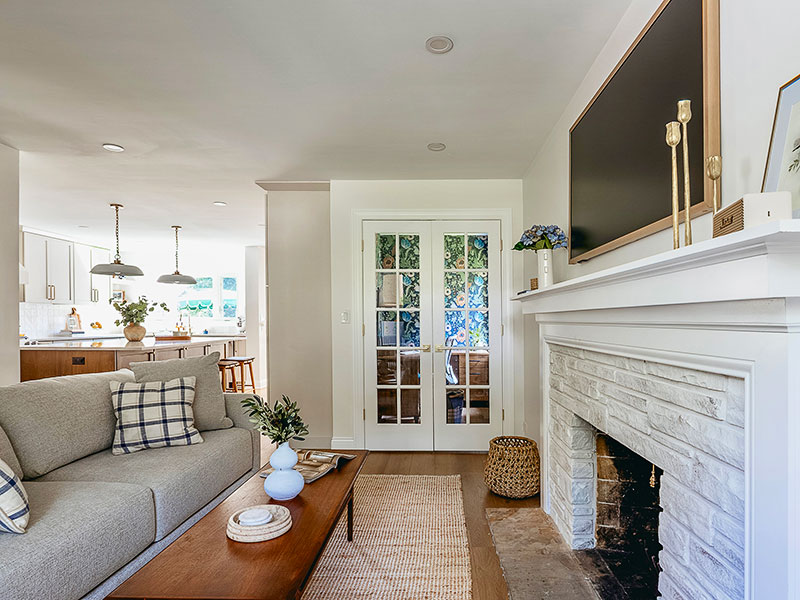 The living room's fireplace in the Western Springs home
