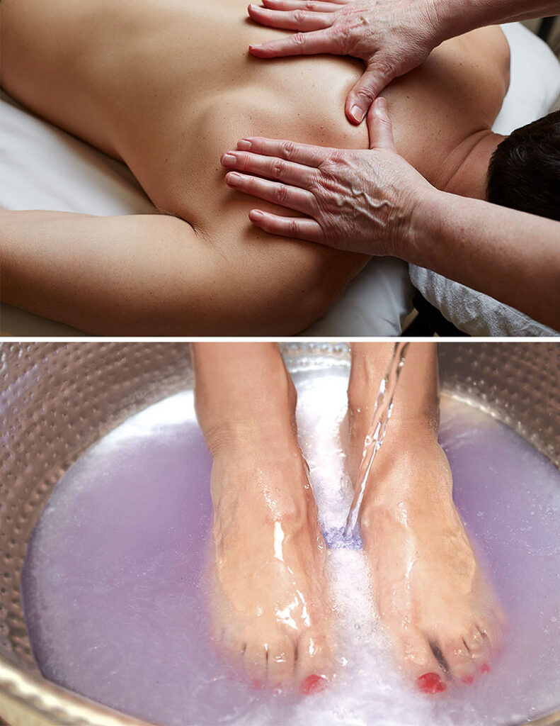 A person receiving a massage and a pair of feet soaking in a tub of purple water at ME Spa