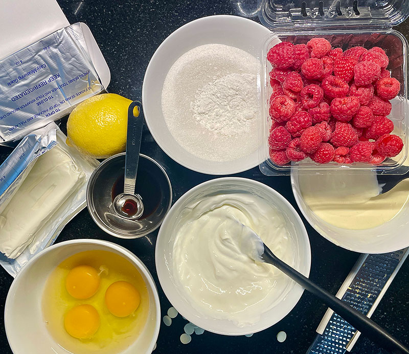 Ingredients for a raspberry white chocolate cheesecake