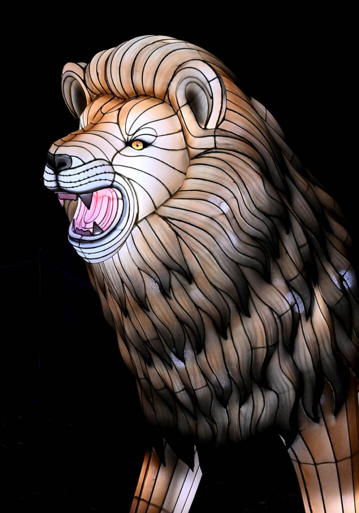 An illuminated lion sculpture at Brookfield Zoo