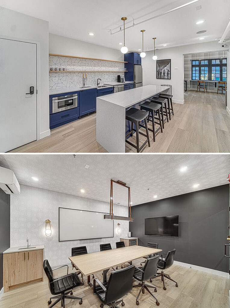 A kitchen area and conference room at Brick & Mortar